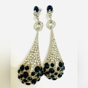 Vintage Silver Tone and Deep Blue Sparkling Drop Earrings